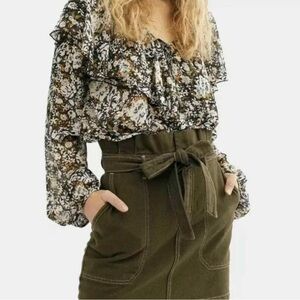 Free People Splendor In The Grass Army Green Mini Skirt Paperbag Waist Size 2